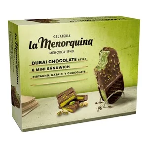 LA Menorquina Mini Sandwich de Nata con Chocolate Estilo Dubai, Katafi y Pistacho 6 X 85 Ml. 330 G