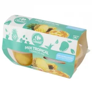 Mix de Frutas Tropicales en Almibar Classic Carrefour sin Azúcar Añadido Pack de 4 Undiades de 70 G.