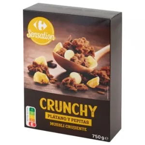 Muesli Crujiente con Plátano y Pepitas Carrefour Sensation 750 G.