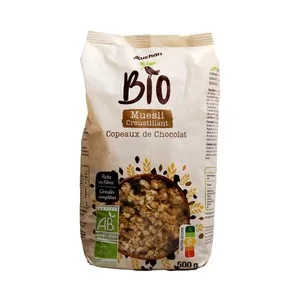 Alcampo Ecológico Muesli Crujiente de Copos de Avena, Arroz y Chocolate Ecológicos 500 G.