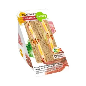 Ñaming Delicious Club Bacon Sándwich de Pan con Cereales Relleno de Bacon, Jamón Cocido, Huevo, Lechuga y Salsa BBQ 200 G.