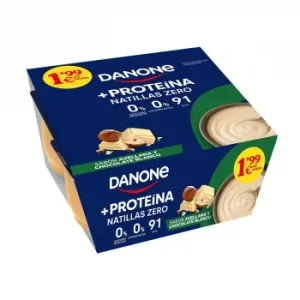 Natillas +proteínas Zero Sabor Avellanas y Chocolate Blanco Danone sin Gluten Pack de 4 Unidades de 120 G.