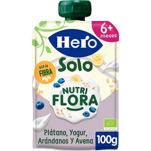Nutri Flora Bolsita de Plátano, Yogur, Arándanos y Avena Ecológica desde 6 Meses  Hero Solo 0.1 KG