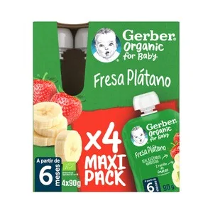Gerber Organic Bolsita (pouch) de Fruta, Ecológica (fresa y Plátano) para Bebés a Partir 6 Meses. 360 G