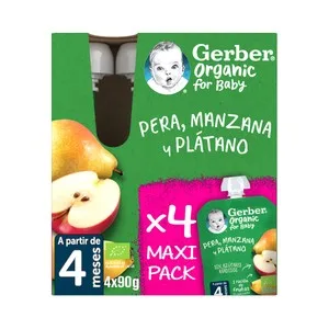 Gerber Organic Bolsitas de Frutas (pera, Manzana y Plátano) Ecológicas, a Paritr de 4 Meses 4 X 90 G. 360 G