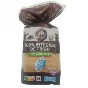 Pan de Molde 100% Integral de Trigo sin Corteza Carrefour Classic´ sin Lactosa y sin Azúcar Añadido 450 G.