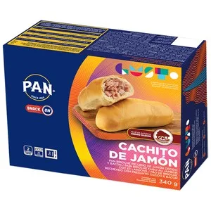 PAN Pan Brioche (cachito) Rellenos de Jamón Cocido y Bacon, Listos para Calentar y Comer 2 X 170 G. 340 G