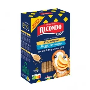 Pan Tostado Elaborado con Harina Integral 60 % sin Sal y sin Azúcar Añadido Recondo 270 G.