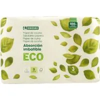 Papel de Cocina 3 Capas Ecológico Eroski, Paquete 3 Rollos