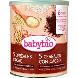 Papilla Ecológica de 5 Cereales Integrales con Cacao sin Azúcar Añadido Babybio