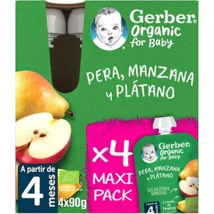 Pera, Manzana y Plátano Ecológicos y sin Azúcares Añadidos desde 4 Meses Pack 4 Gerber
