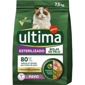 Pienso Esterilizado Bolas de Pelo de Pavo para Gato Adulto Ultima 7,5 Kg.