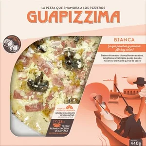 Pizza Bianca Bacon Ahumado, Champiñones Asados, Cebolla Caramelizada, Queso Curado Italiano y Crema de Queso de Cabra Triple Fermentación Envase 440 G Guapizzima