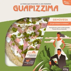 Pizza Genovesa con Pesto Genovés, Jamón Cocido Braseado, Tomate Cherry y Mozarella Guapizzima