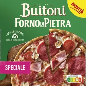 Pizza Speciale Croccante con Salami, Jamón Cocido Pepperoni, Champiñón y Queso Mozzarella  Buitoni Forno DI Pietra 350 G