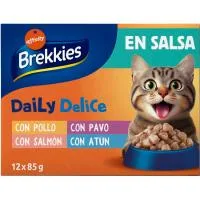 Pollo-pavo-salmón-atún en Salsa para Gato Brekkies, Pack 12x85 G