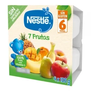 Preparado 7 Frutas desde 6 Meses Nestlé sin Gluten, sin Lactosa y sin Azúcar Añadido Pack de 4 Unidades de 100 G.