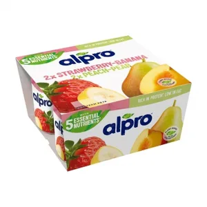 Preparado de Soja Fermentado Fresa-plátano y Melocotón-pera Alpro Danone sin Gluten y sin Lactosa Pack de 4 Unidades de 125 G.