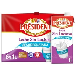 President Leche de Vaca Semidesnatada y sin Lactosa de Origen 100% Española  1 L. 1000 ML