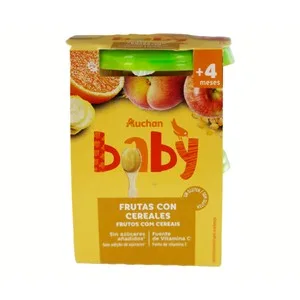 Producto Alcampo Baby Tarritos de Fruta (manzana, Melocotón, Plátano y Naranaja) con Cereales, a Partir de 4 Meses 2 X 200 G. 400 G