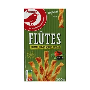 Producto Alcampo Flautas Hojaldradas con Tomate, Aceitunas Negras y Orégano Producto Alcampo Bolsa de 100 G.