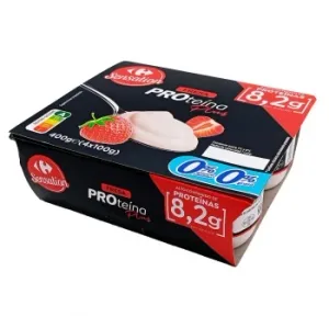 Queso Fresco Desnatado con Fresa sin Azúcar Añadido Proteínas Plus Carrefour Sensation sin Gluten Pack de 4 Unidades e 100 G.
