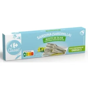 Sardinillas en Aceite de Oliva Contenido Reducido de Sal Classic Carrefour Pack de 2 Unidades de 65 G.