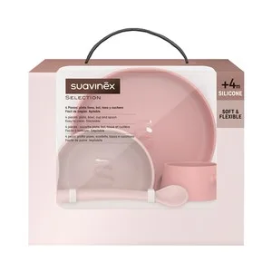 Suavinex Selection Vajilla Infantil Rosa de Silicona (suave y Flexible) para Bebés de + 4 Meses.
