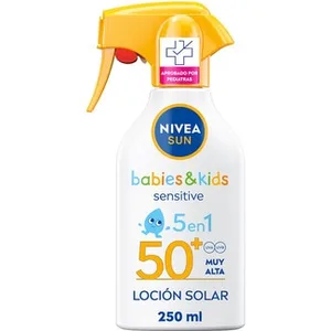 Sensitsive Babies & Kids 5 en 1 Loción Solar Spf-50+ a Partir de 6 Meses para la Piel Sensible de los Bebés Muy Resistente al Agua Nivea SUN