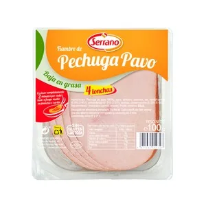 Serrano Fiambre de Carne de Pavo Cocido y Adobado, Elaborado sin Gluten, Listo para Sarten 120 G. 110 G
