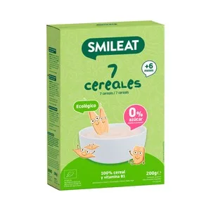 Smileat Papilla en Polvo con 7 Cereales Ecológicos, sin Azúcares Añadidos, a Partir de 6 Meses 200 G.