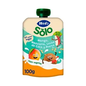 Hero Solo Bolsita (pouch) de Fruta (mango, Manzana) con Leche de Coco y Avena, a Partir 6 Meses 100 G.