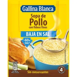 Sopa de Pollo con Fideos Finos Baja en Sal  Gallina Blanca 68 G