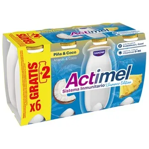 Actimel Summer Edition de Danone Leche Fermentada con Lcasei y Sabor Piña y Coco 8 X 100 G.