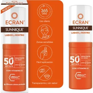 Sunnique Protector Facial Solar Labios y Rostro Viteox 80 Spf-50+ Transparente y sin Sabor Resistente al Agua Ecran