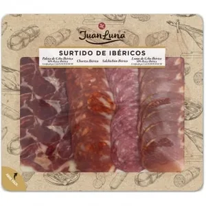 Surtido de Ibéricos: Paleta y Lomo de Cebo Ibérica 50 % Raza Ibérica, Chorizo y Salchichón Ibérico Juan Luna 120 G.