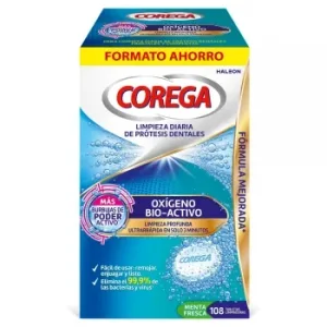 Tabletas Limpiadoras para Prótesis Dentales Menta Fresca Oxígeno Bio-activo Corega 108 Ud.
