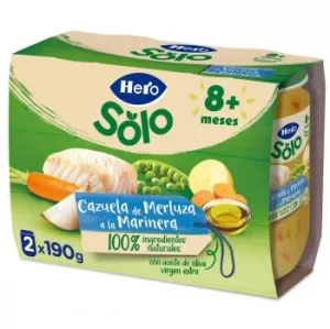 Tarrito de Cazuela de Merluza a la Marinera desde 8 Meses Hero Baby sin Gluten Pack de 2 Unidades de 190 G.