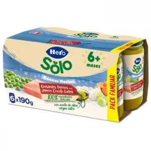 Tarrito de Guisantes Tiernos con Jamón Cocido Extra desde 6 Meses Hero Solo sin Gluten Pack de 6 Unidades de 190 G.