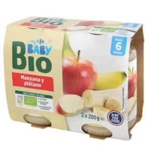 Tarrito de Manzana y Plátano desde 6 Meses Ecológico My Carrefour Baby Bio sin Gluten y sin Azúcar Añadido Pack de 2 Unidades de 200 G.