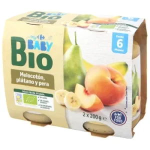 Tarrito de Melocotón con Plátano y Pera desde 6 Meses Ecológico My Carrefour Baby Bio sin Gluten y sin Azúcar Añadido Pack de 2 Unidades de 200 G.