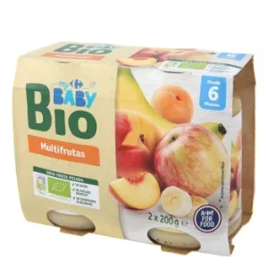 Tarrito Multifrutas desde 6 Meses Ecológica My Carrefour Baby Bio sin Gluten y sin Azúcar Añadido Pack de 2 Unidades de 200 G.