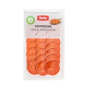 Tello Pepperoni Cortado en Finas Lonchas, Especial para la Elaboración Pastas y Pizzas Tello 75 G.