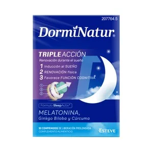 Dorminatur Triple Acción Complemento Alimenticio a Base de Melatonina, Ginko Biloba y Cúrcuma 30 Uds.