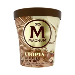 Magnum Utopia Doble Hazelnut de Frigo Tarrina Helado de Avellana, Almendra y Caramelo Recubierto de Chocolate Blanco 440 Ml.