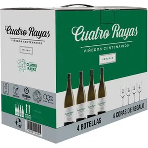 Viñedos Centenarios Vino Blanco Verdejo DO Rueda Caja 4 + 4 Copas de Regalo Cuatro Rayas