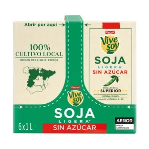 Vivesoy de Pascual Bebida Vegetal de Soja Ligera, sin Azúcar 6 X 1 L. 6000 ML