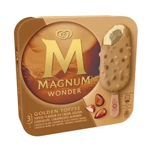 Magnum Wonder Bombón Helado de Nata con Interior de Datiles y Caramelo, Recubierto de Chocolate Blanco con Caramelo 3 X 90 Ml.