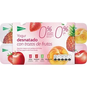Yogur con Trozos de Frutas 2 Fresa + 2 Manzana + 2 Piña + 2 Melocotón Desnatado 0% M.g. 0% Azúcares Añadidos Pack 8 Unidades 125 G el Corte Ingles