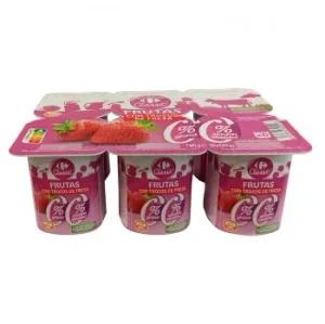Yogur Desnatado con Trozos de Fresa Carrefour Classic' sin Gluten y sin Azúcar Añadido Pack de 6 Unidades de 125 G.